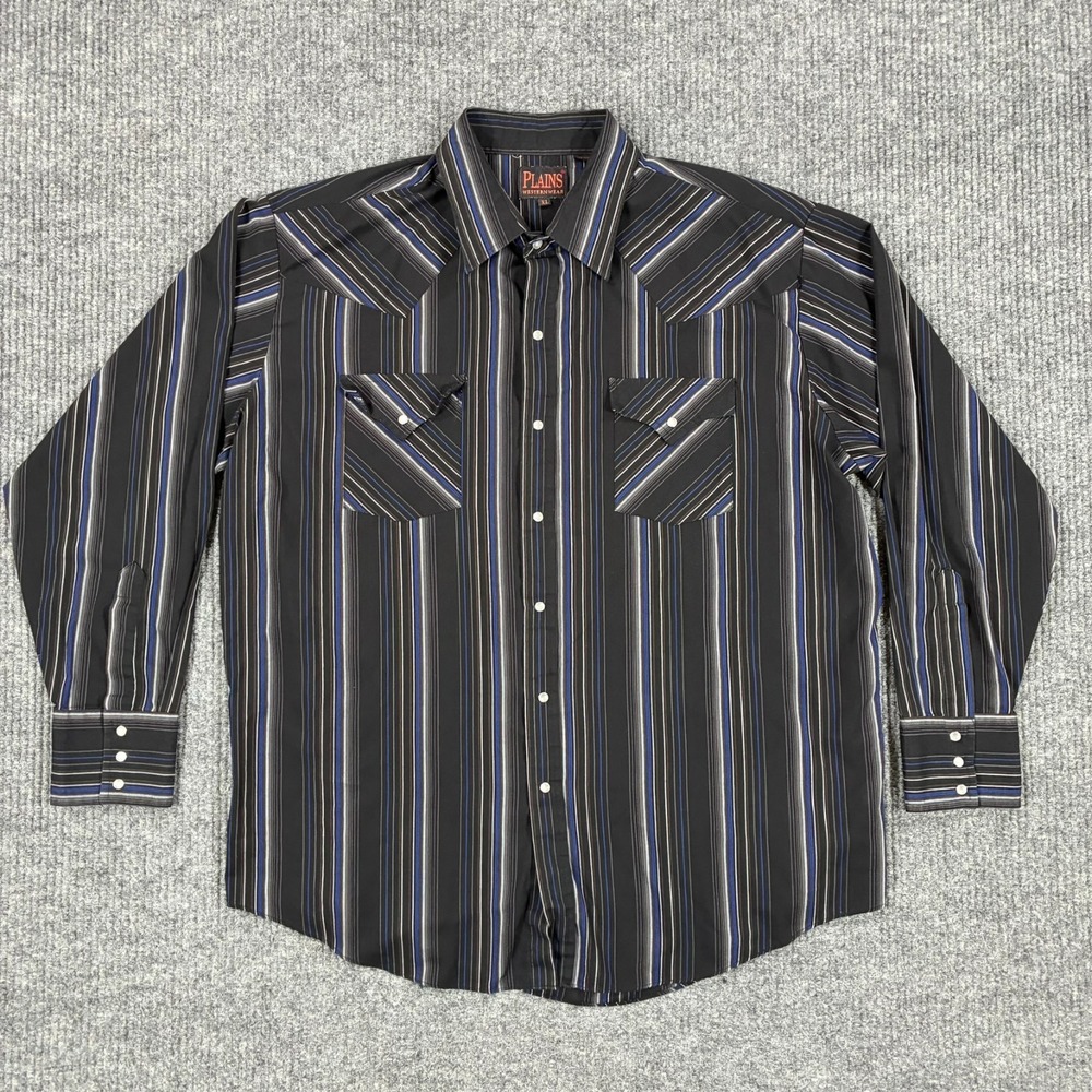 Plains Western Wear Mens Size XL Pearl Snap Shirt Black Striped Long Sleeve